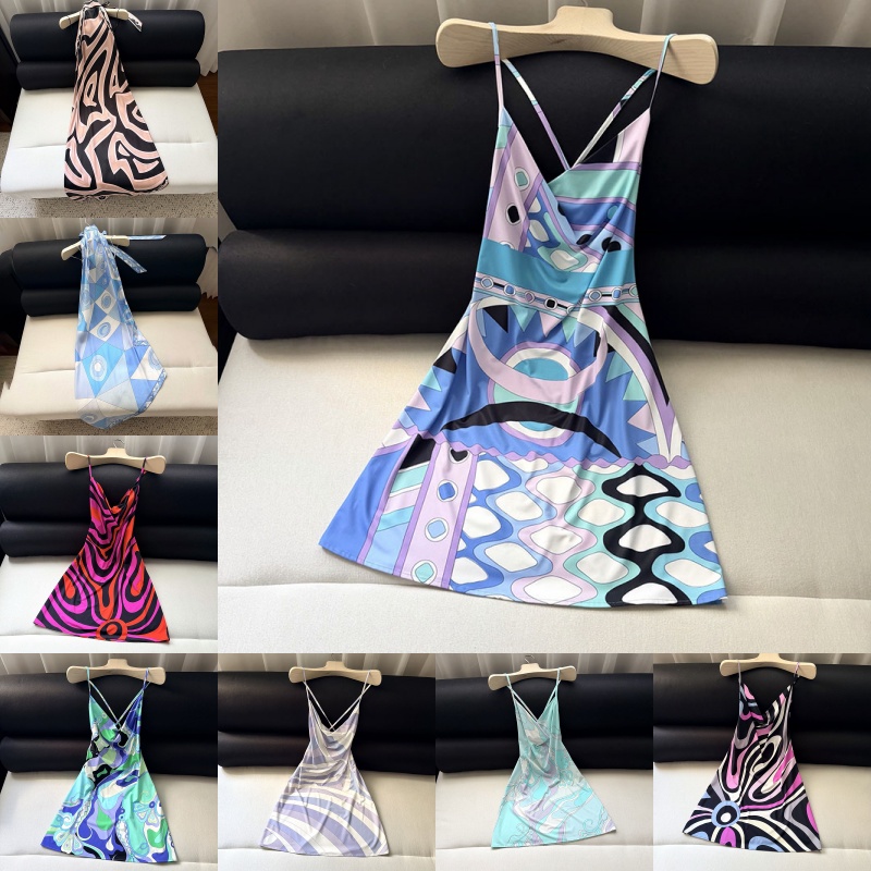Mixed Prints V Neck Silk Dress Luxury Women Halter Chain Sleeveless Top Summer Beach Vacation Yacht Resort Outfits