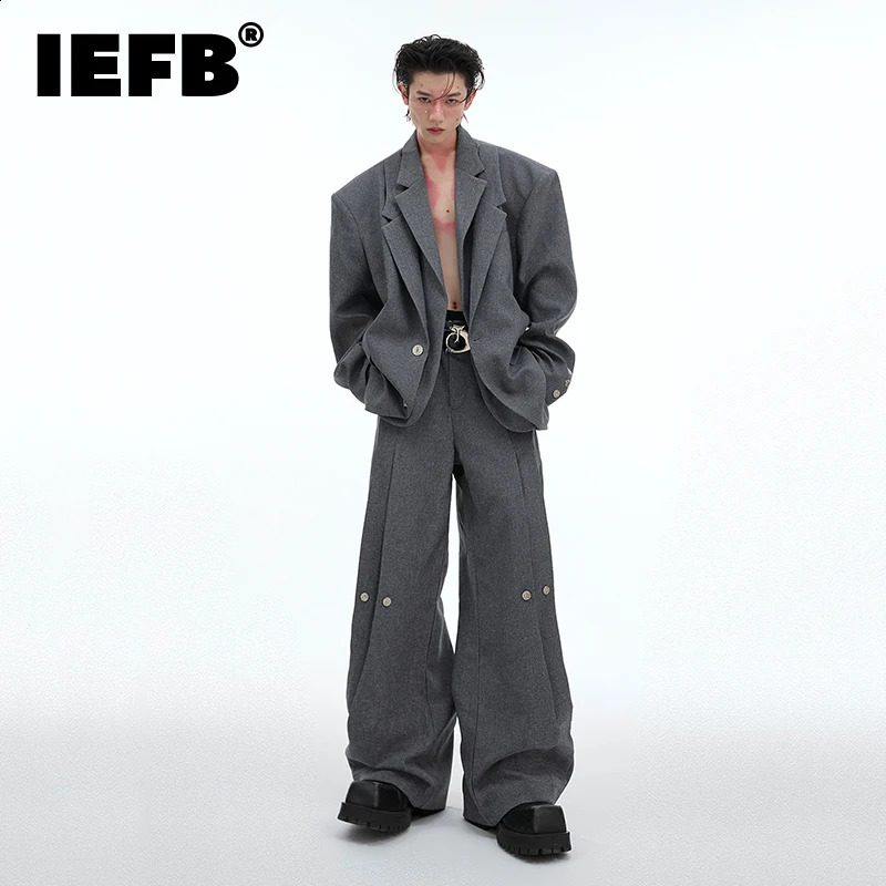 IEFB Korean Style Mens Suits Single Breasted Shoulder Pads Double Layers Blazers Pleated Straight Loose Wide Leg Pants 24E2102 260624BJ