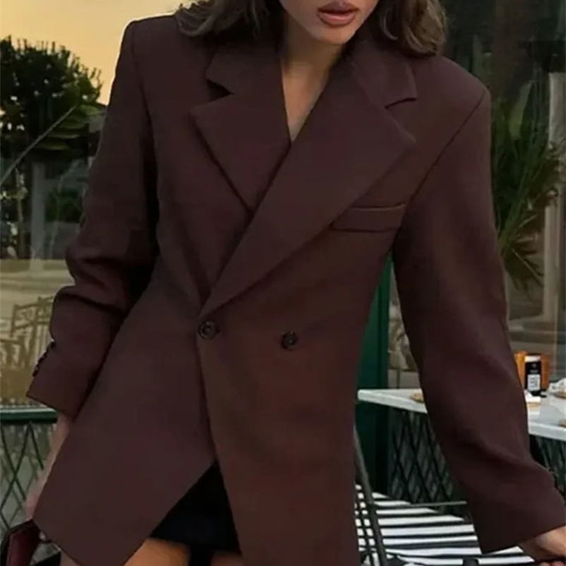 Women Fashion Solid Blazer Lapel Slim Double Breasted Long Suit Coat Female Wild Office Lady Commute Woman Outercoat Top 260615