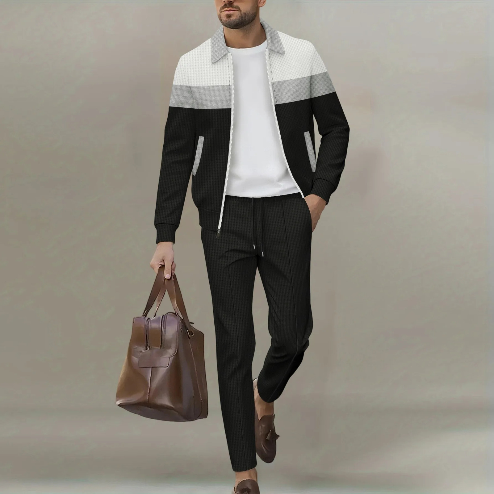 Mens ColorBlock Collared Jacket MultiColor Striped Zipper Top with Long Pants Business Casual 12Pieces 260615