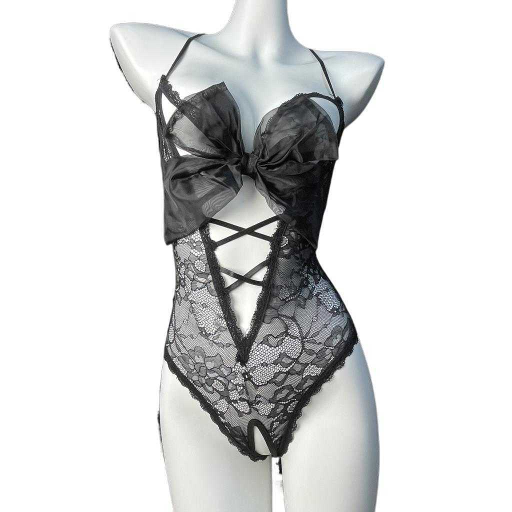 Open Crotchless Bow Bra Hollow Out Lingerie Open Crotch Bodysuit One Pieces Deep V Sexy Underwear Woman Jumpsuit Erotic Costumes D260625