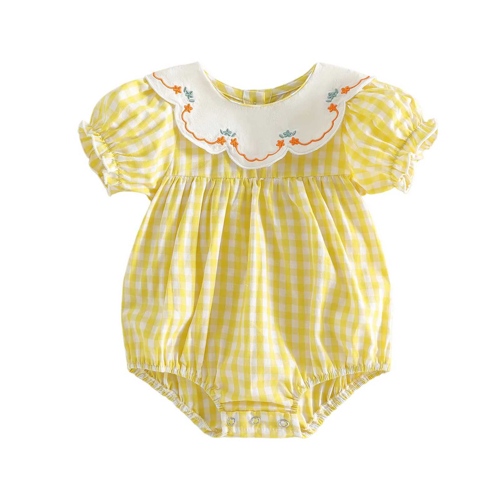 3-18M Newborn Baby Girls Summer Plaid Romper Floral Embroidery Doll Collar Short Sleeve Jumpsuit for Toddler Cute Clothes Y260625I5JE