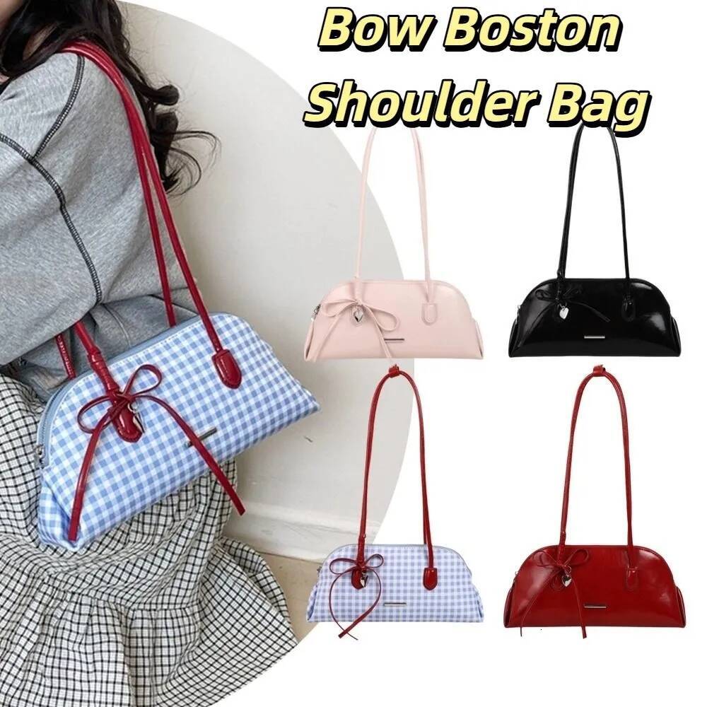 Designer bag 336 New Korean Style Plaid Underarm Pack PU Leather Casual Boston Shoulder Bag Solid Color Sweet Bowknot Women Handbag Ladies/Girls
