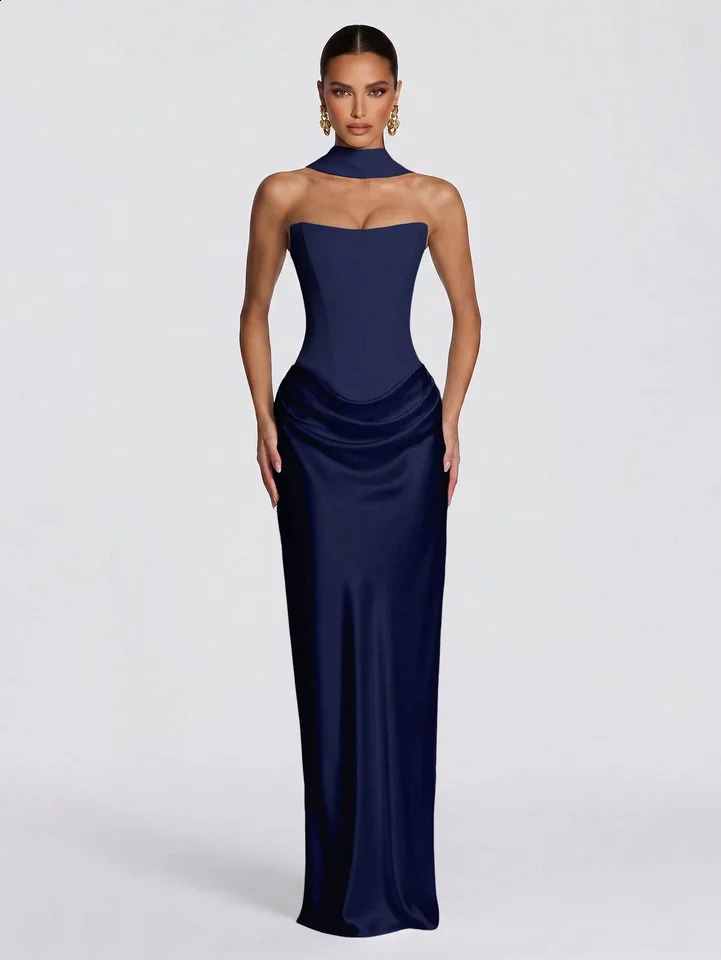 Maggie Women Sexy Strapless Maxi Dress Bodycon Summer Stain Draped Long Blue Lace up Back Elegant Birthday Evening 260625