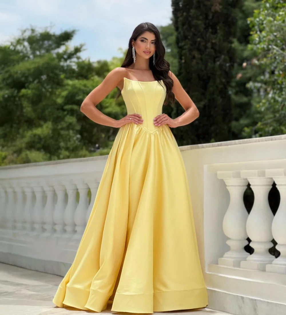 Simple Yellow Prom Pageant Dress Pleat Ruched A-line Strapless Long Satin Birthday Evening Formal Party Gowns Arabic Dubai vestidos de fiesta