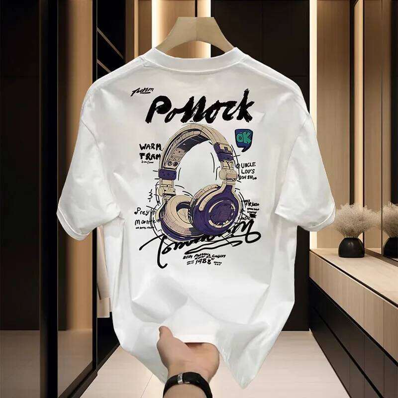 Men's Premium Cotton T-shirt Graffiti Headphone Print Breathable Comfort O-neck Short Sleeve Casual Tee for Urban Streetwear 26Y0625