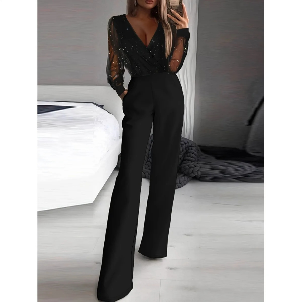 WomenS Elegant Bandeau Jumpsuit Summer Solid Off Shoulder V-Neck High Waist Temperament Sleeveless Pocket Jumpsuit 260625