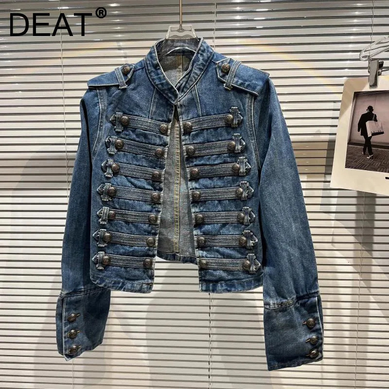 DEAT Autumn Fashion Metal Buckle Shoulder Strap Denim Short Jacket For Women High Street Coat Female 11A06995 260624