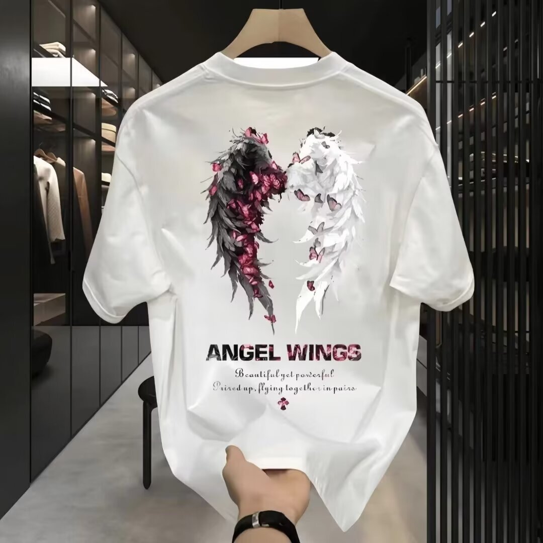 Men 100% Pure Cotton Short-Sleeve Summer Wing Print T-Shirt For Men, American Style, Long-Staple Cotton,