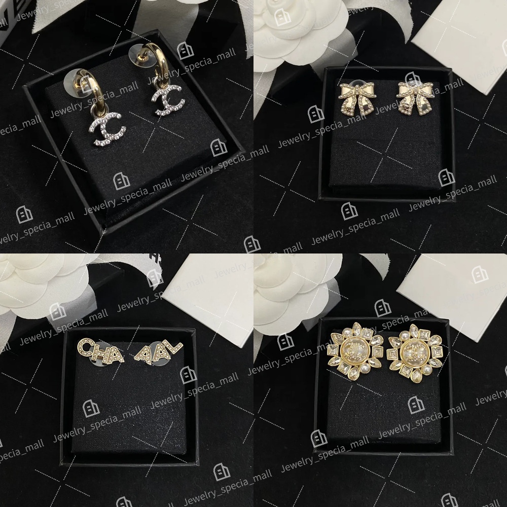 Luxury C Letter Designer Cc Earrings For Women Geometric Diamond Crystal Pearl Earrings Fashion Wedding Jewelry High Quality Gift Box D2b