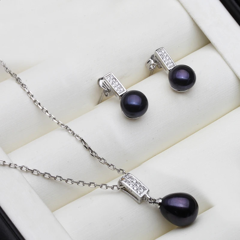 Beautiful 925 Silver Natural Freshwater Pearl Necklace and Earrings Jewelry Set For Women Wife Mother Engagement White Black 260625