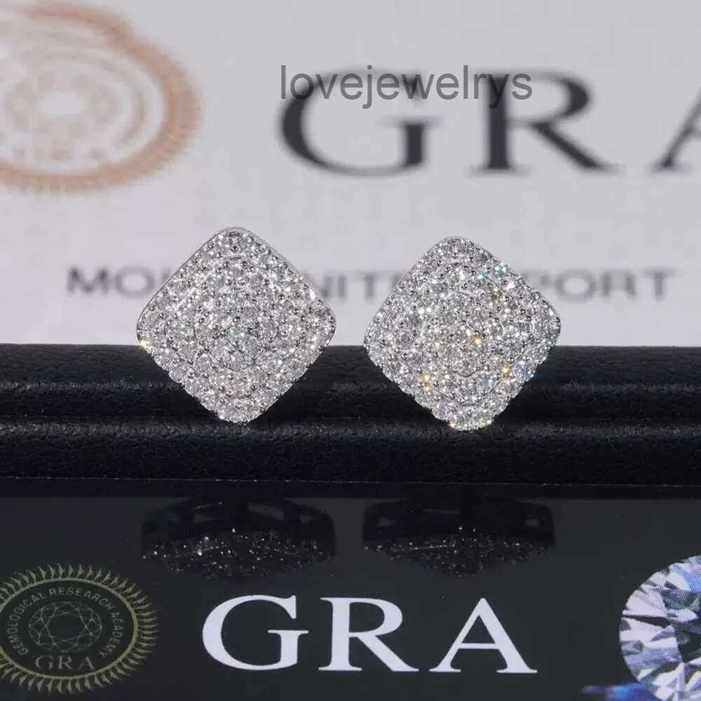 Moissanite Out 10mm Iced Square Cluster Stud Earrings Screw Back 925 Sterling Silver Lab Diamond Halo Earrings Men Hiphop Rock