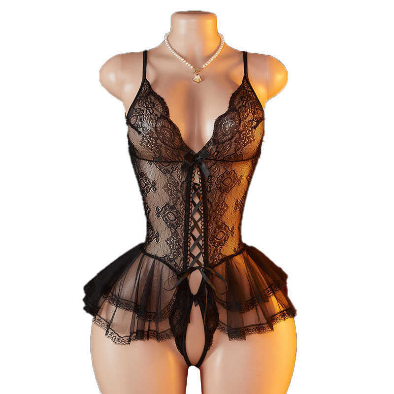Bambole sexy in pizzo nero senza cavallo Lingerie pigiami da donna reggiseno aperto trasparente indumenti da notte per il sesso costumi da donna ero