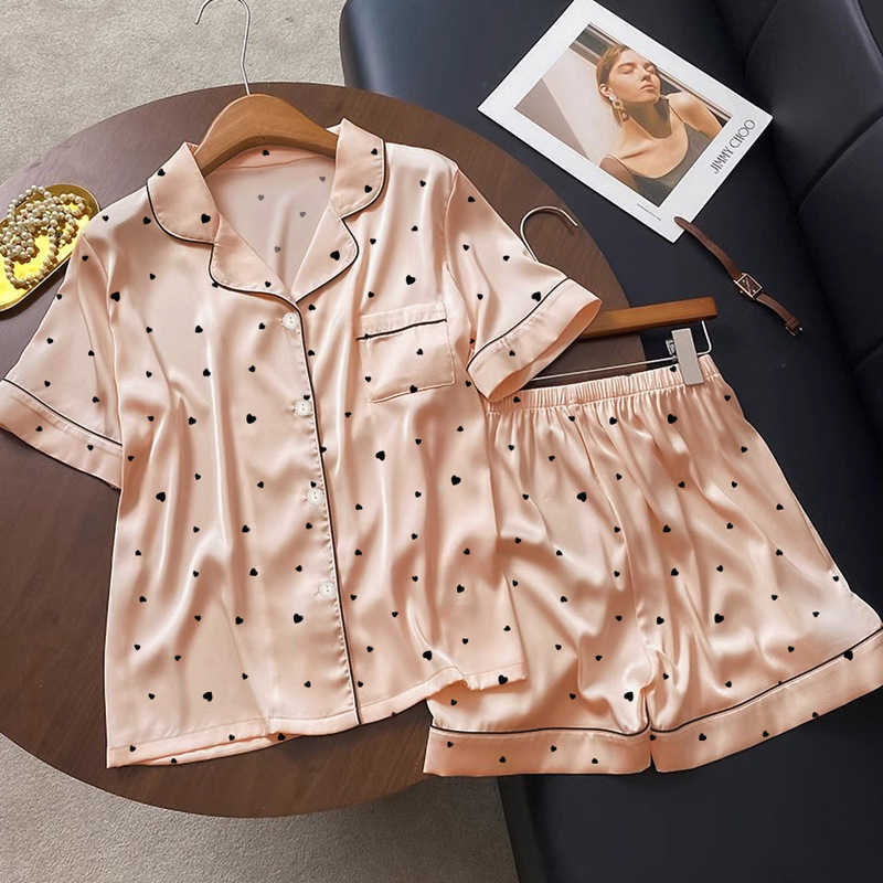 Arrival Summer Pajamas Sweet New Sophisticated Heart Print Ice Silk Nightwear Set for Women - Short Sleeve Casual Loungewear M260625