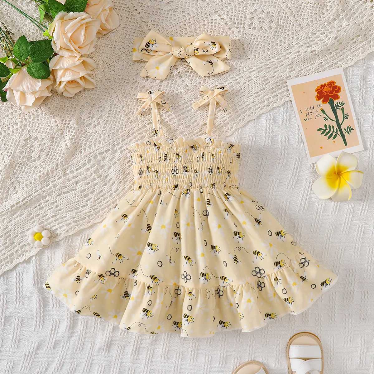 Vestido de verano para niña, lindo vestido con tirantes con volantes y diadema, conjunto de 2 piezas para niña de 0 a 3 años, vestido informal Y2606