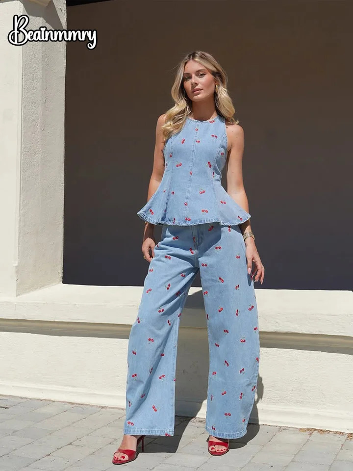 Denim Printed Sleeveless Pants 2piece Set Womens Elegant Round Neck Fashion Short Shirt Long Suit 2026 Street Outfit 260625