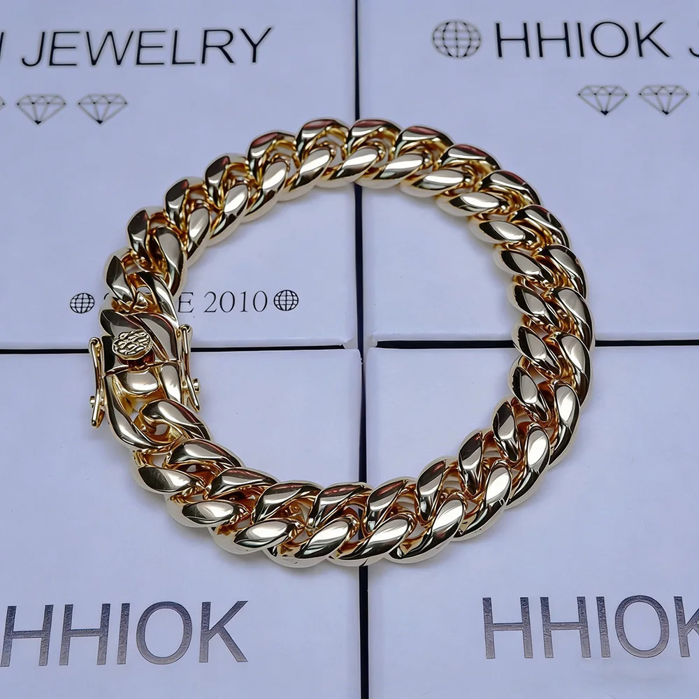 HHIOK 12mm Gold-Plated Classic Miami Cuban Link Bracelet Stainless Steel Men PVD Plated Cuban Chain HipHop Jewelry 260624