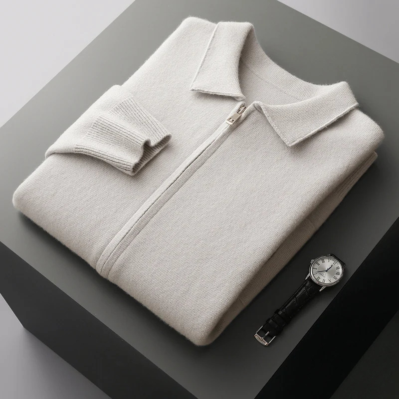 Mens Cardigan 100 Pure Cashmere Jacket Zippered Lapel Knit Sweater Loose Thickened Long Sleeved Business Casual Autumn Winter 260624