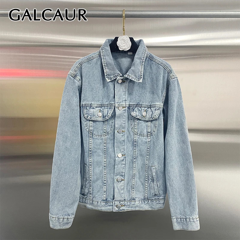 GALCAUR Spring Korean Loose Blue Vintage Women Denim Coat Lapel Long Sleeve Button Patchwork Pockets Womens Top Clothing 260624
