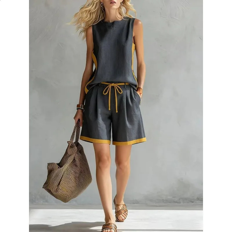 2026 Womens Summer Casual Fashion Color Block Wide Leg Pants Set Sleeveless Five Shorts Street Style Comfortable Leisure 260623