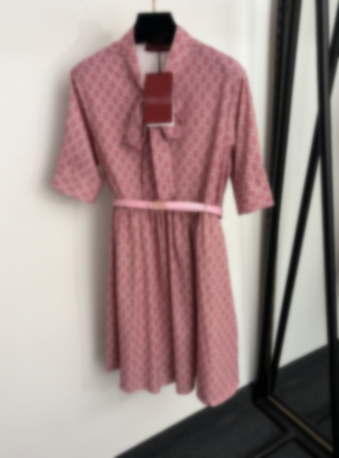 Summer Womens Dresses 26ss designer women double Letter print Bow collar short sleeved dress with belt lady luxury Ladies skirt pink