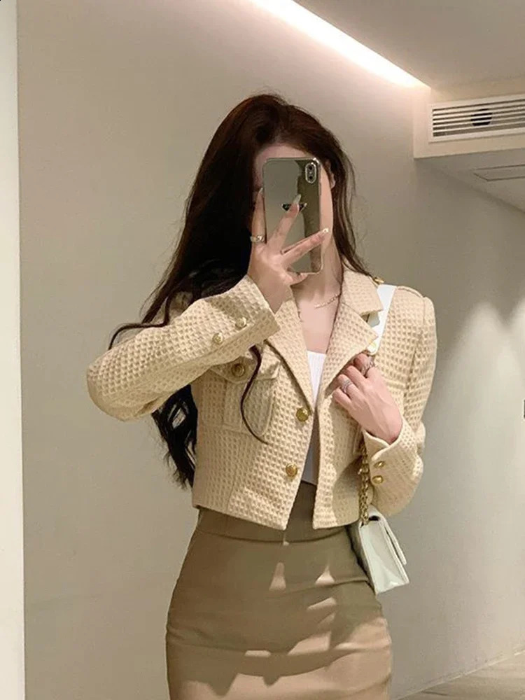 Office Lady Sexy Cropped Tweed Jackets Korean Fashion Slim Blazer Coat Women Simple Casual Long Sleeve Buttons Outwear 260618