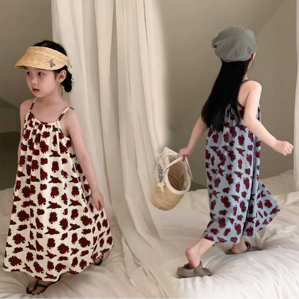 Sleeveless Beach Dress 2026 summer girls Korean version suspender long dress printed rose Loose dress For 2-9 yrs Baby Girls Y260625DEIB