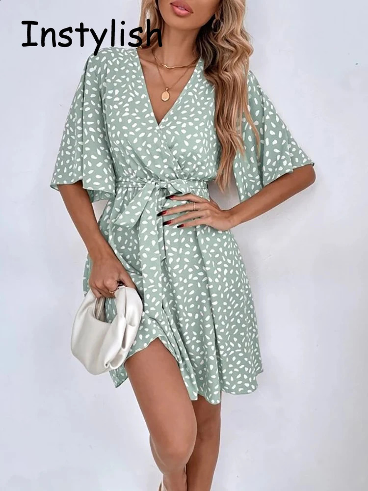 Casual Dot Print Mini Dress with Belt Elegant Chic Half Sleeve V Neck A Line Sundress Vintage Harajuku Short Dress Beach Party 260625