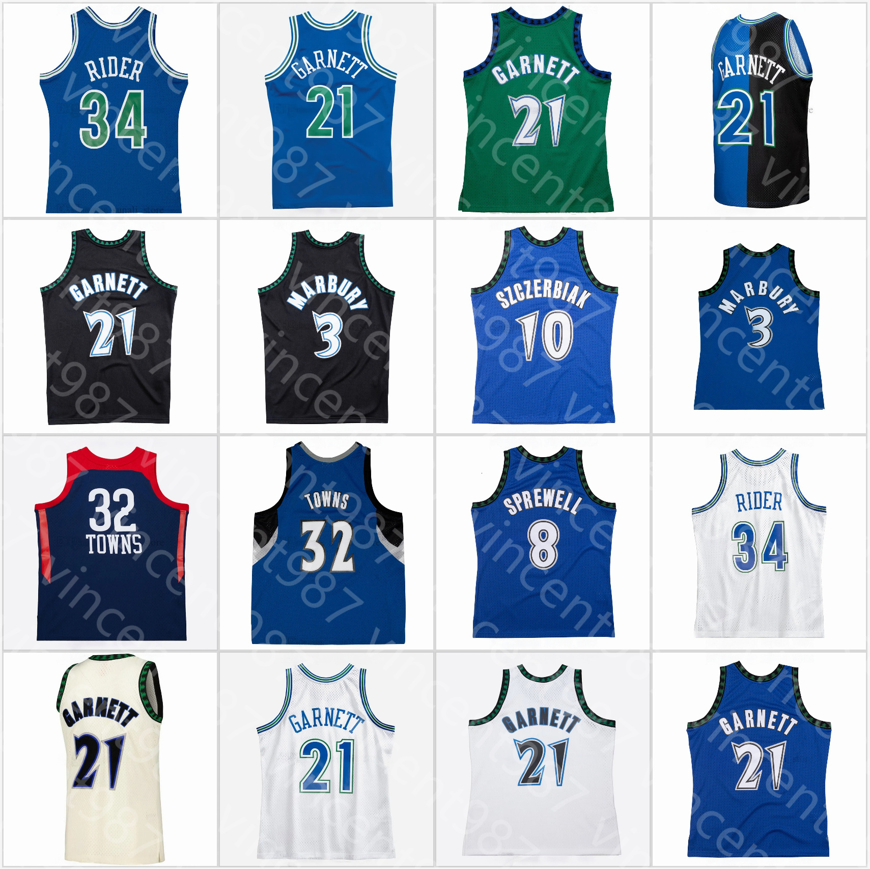 Stitched Retro Basketball Jersey Kevin 21 Garnett Stephon 3 Marbury Latrell 8 Sprewell Wally 10 Szczerbiak 32 Towns Isaiah 34 Rider Jr Vintage