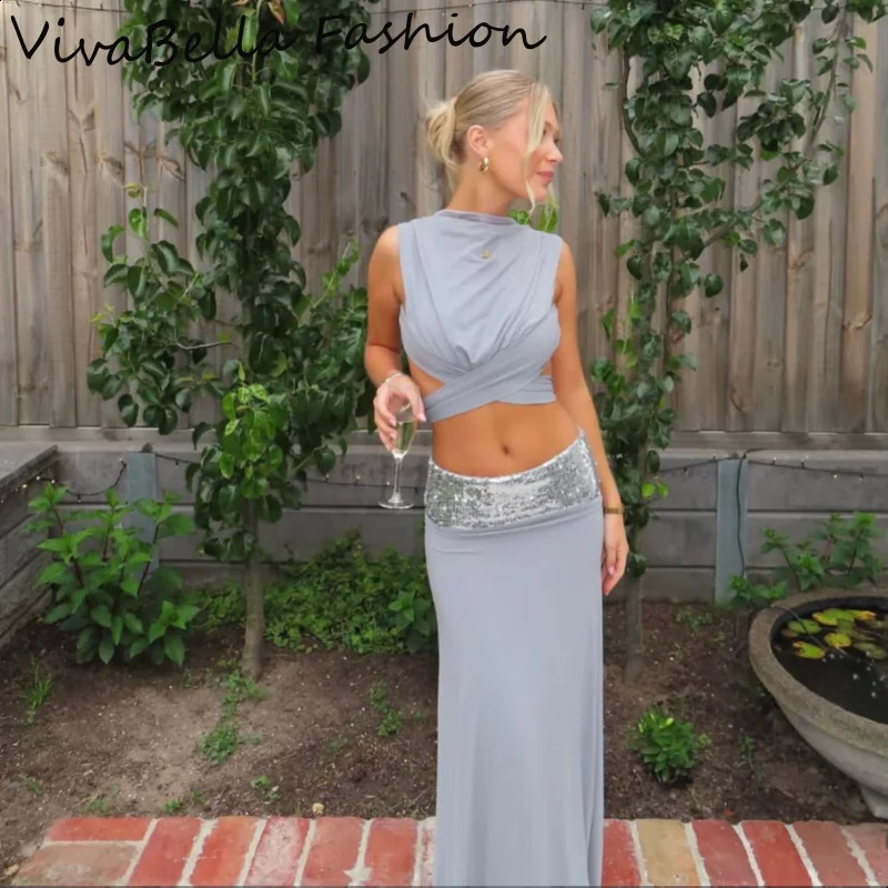 Elegant Sleeveless Draped Crop Tops Sparkly Sequin Floor Length Maxi Skirt Set 2026 Spring Summer Evening Gowns Party Dress 260625