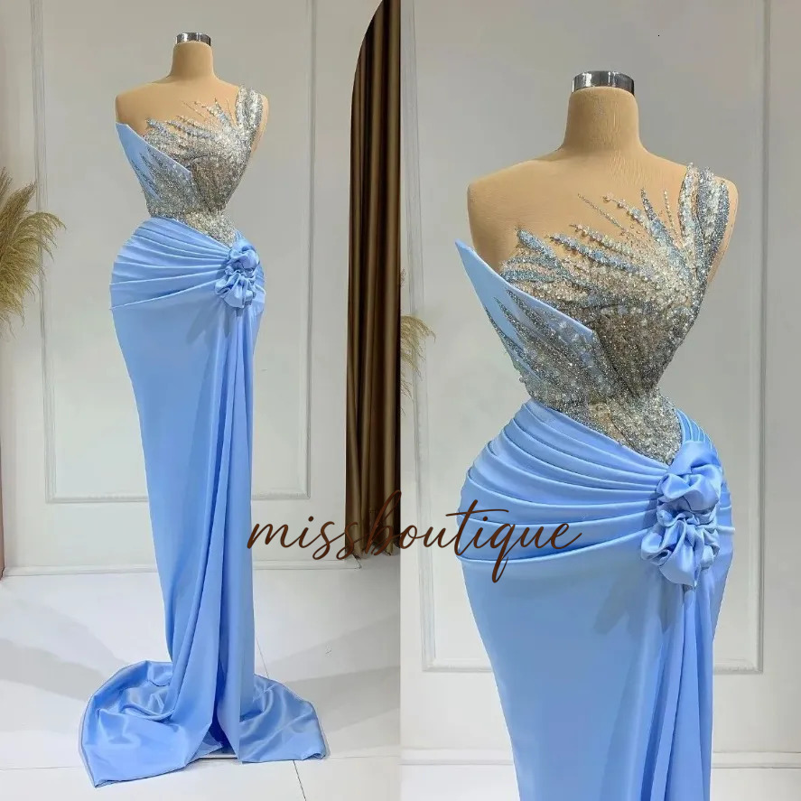 Luxury Baby Blue Beaded Prom Dresses 2025 Mermaid Formal Long Evening Dress With Slit Handmade Flowers Speacial Occasion Party Women Vestido De Fies