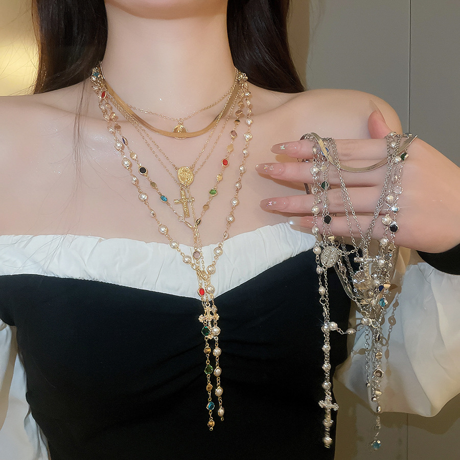 European and American cross-border fashion ins diamond-encrusted cross pendant necklace, faux pearl colorful crystal chain layered necklace-image-1112073379