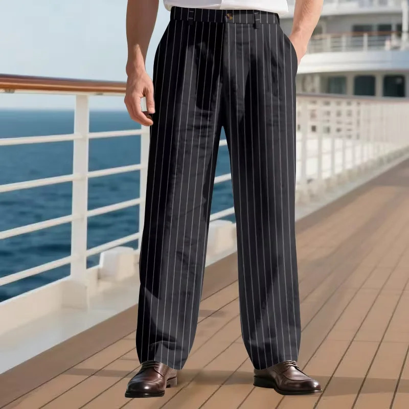 Mens Pinstripe Linen Pants Solid Color Loose Fit Half Elastic Waist Straight Leg Trousers Breathable Soft For Summer Beach 260618
