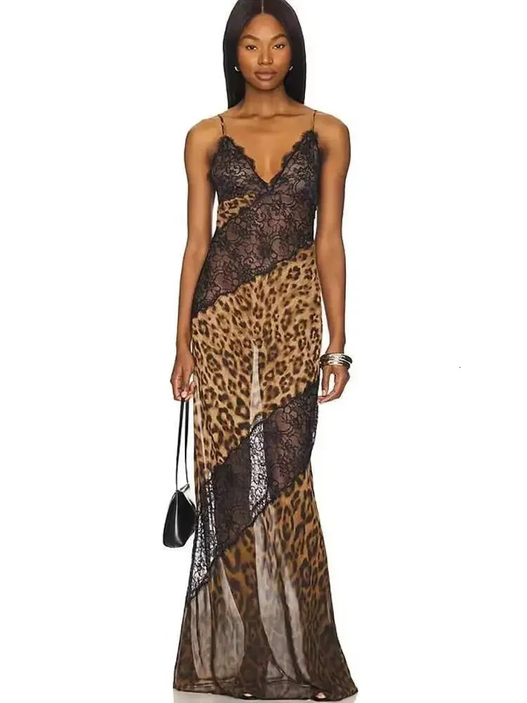 Leopard Print Spaghetti Strap Sexy Maxi Dress Women Patchwork See Through Sleeveless Backless Beach Club Party Dress 260624