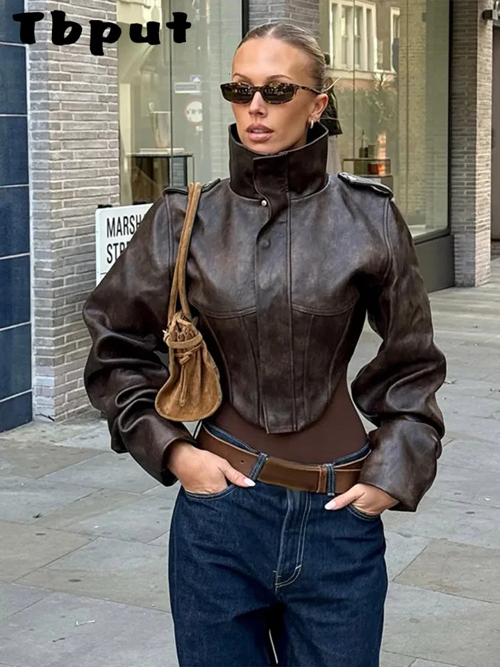 Vintage Womens Pu Leather Jacket Stand Collar Full Sleeve Slim Short Jackets Lady Autumn Winter Chic Female Street Coat 260623