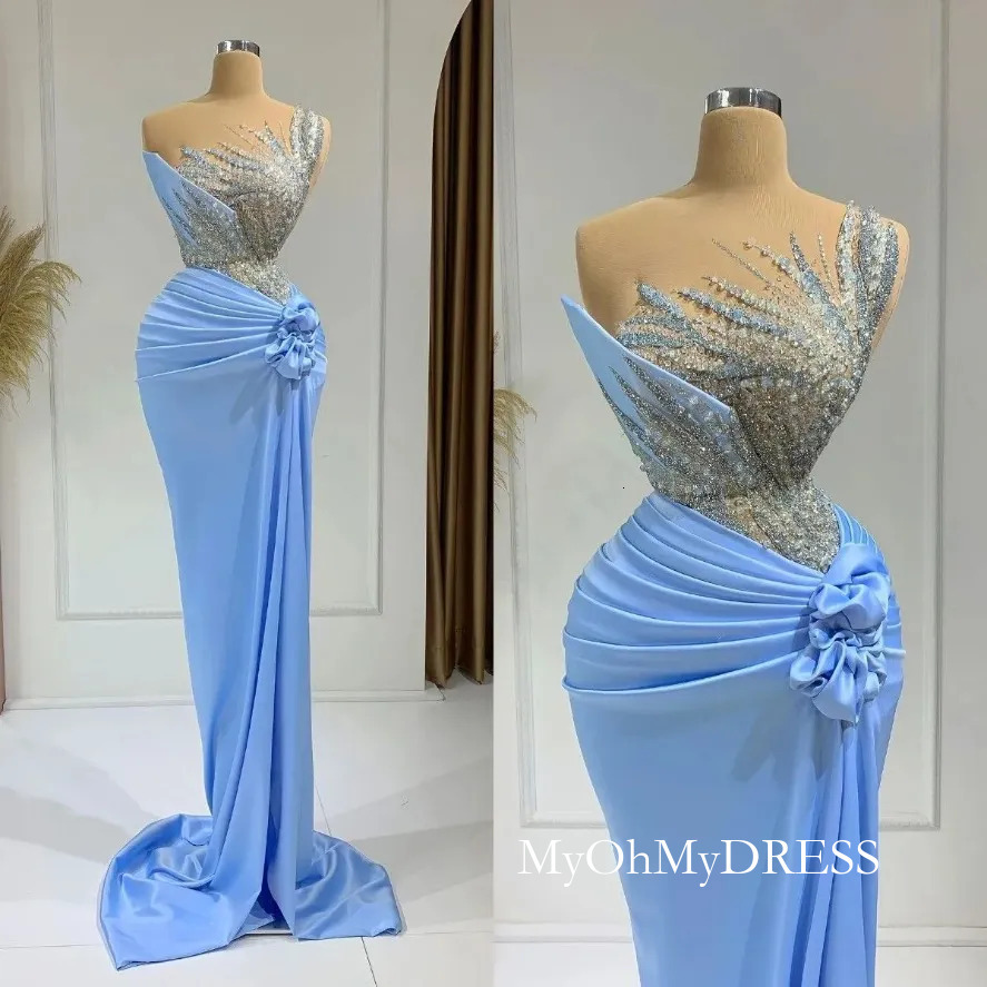 Luxury Baby Blue Beaded Prom Dresses 2025 Mermaid Formal Long Evening Dress With Slit Handmade Flowers Speacial Occasion Party Women Vestido De Fies