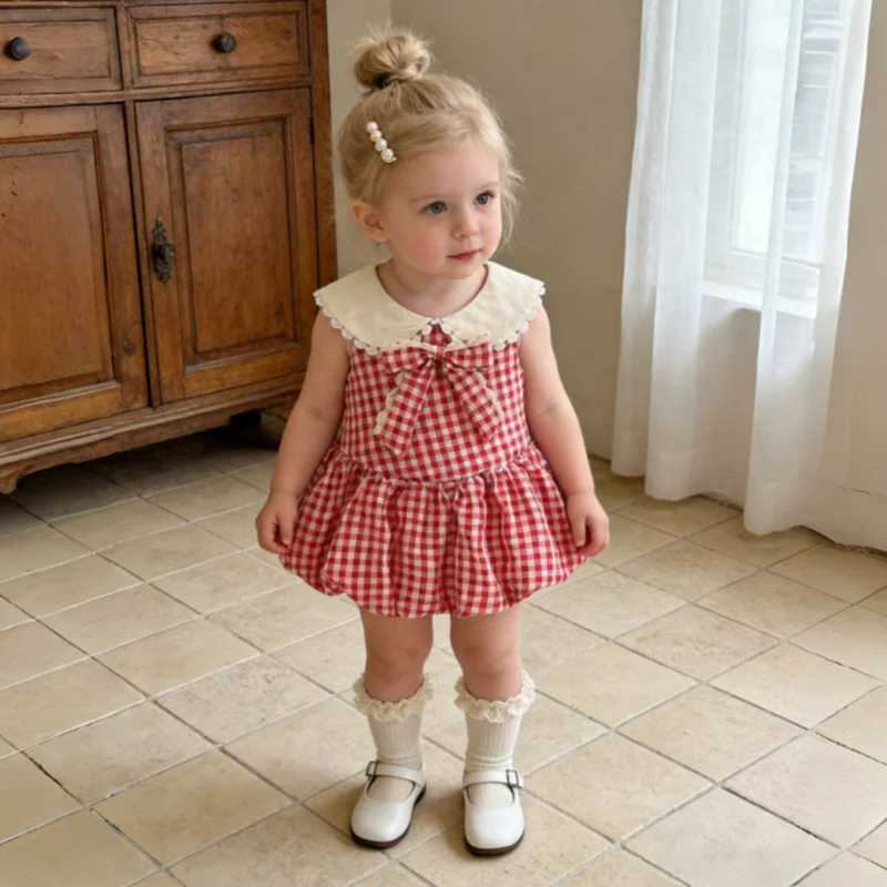 Girls Dresses Summer Cotton Red Checkered Bow Sleeveless Baby Girl Dress Cartoon Casual Beach Baby Clothing Y260625B2CU