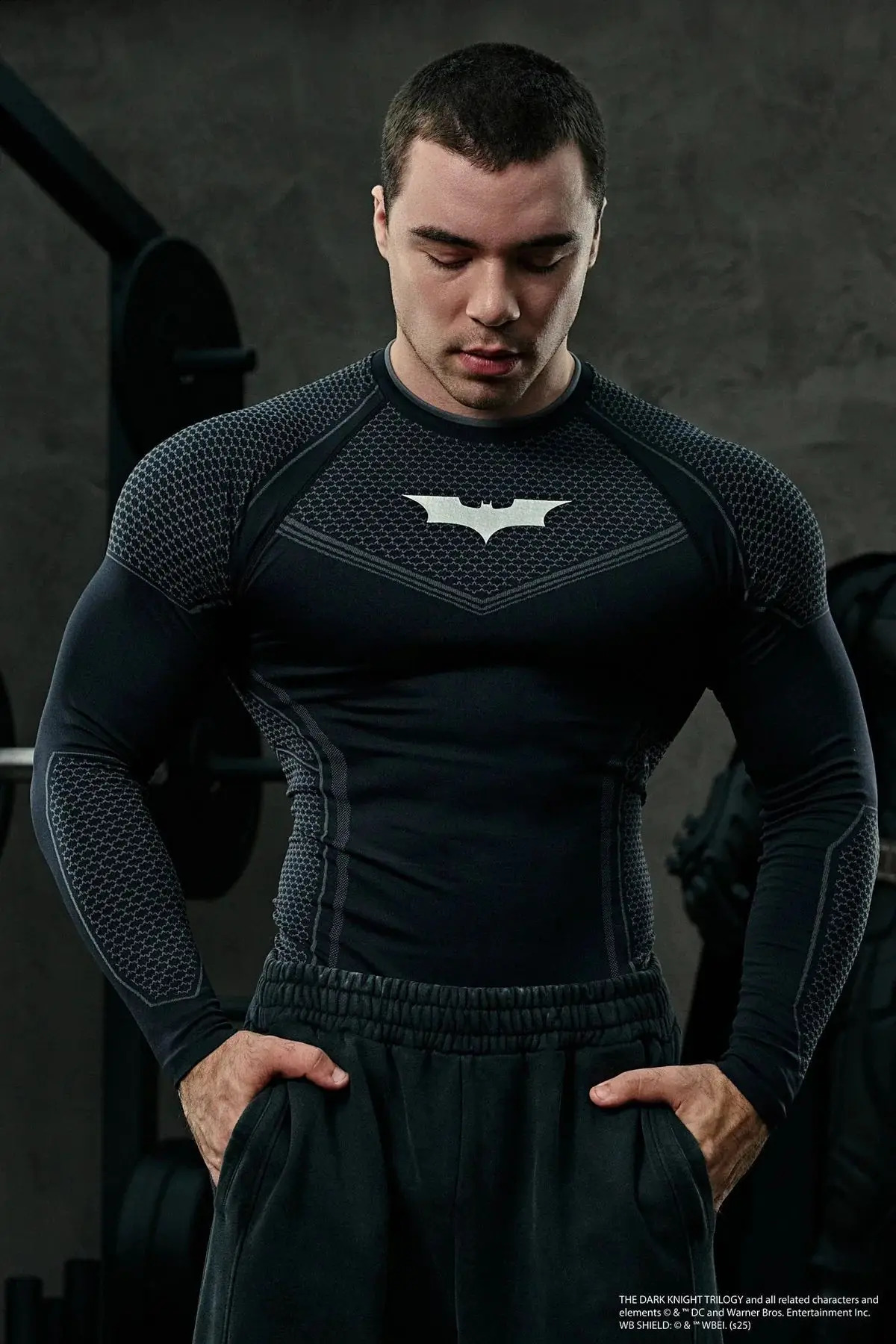 Mens Compression Long Sleeve Shirt Superhero Bat Print Workout Tops Breathable Quick Dry Athletic Base Layer for Gym Running Tr260624