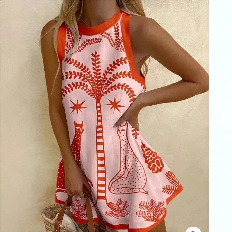 Womens Bohemian Sleeveless Sundress Dress Print Casual Loose O Neck Mini Dress Vacation Party Beach A-line Skirt Vestidos 260625