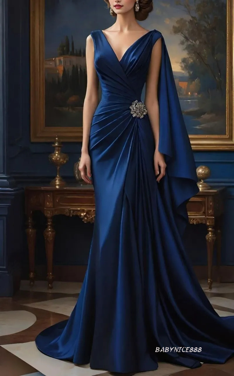 Pleats Satin Mermaid Evening Dresses V Neck Long Elegant Party Prom Gown Simple Special Occasion Dress For Women