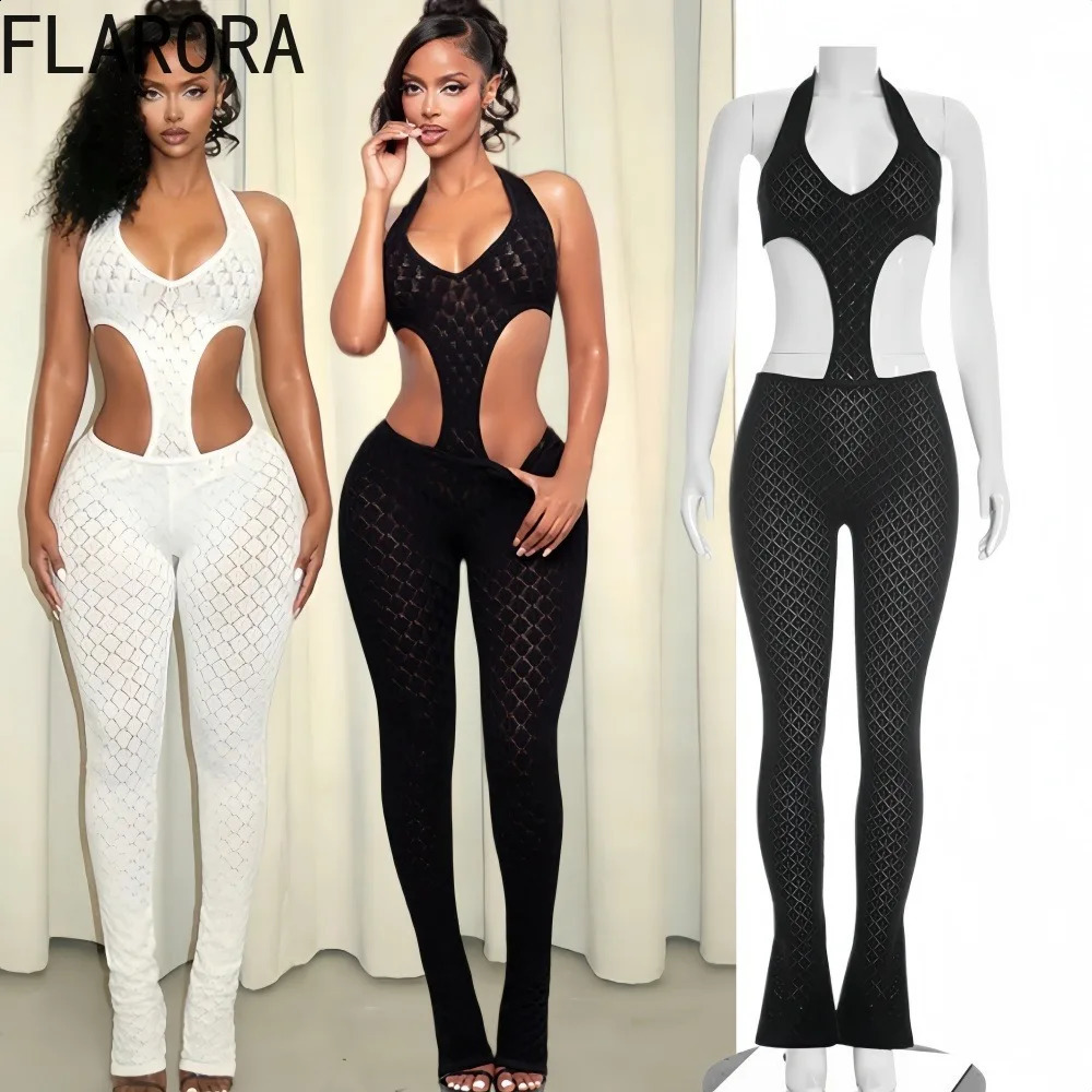 FLARORA Sexy Hollow See Through Jumpsuits Woman Trend Halter V Neck Sleeveless Backless Bandage Jumpsuit tie Street Overalls 260625