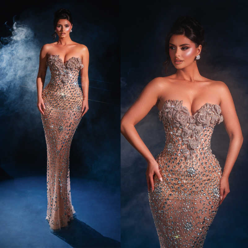 Luxurious Crystals Prom Gowns Hand Made Flowers Sleeveless Mermaid Evening Dresses Floor Length Customized Special Party