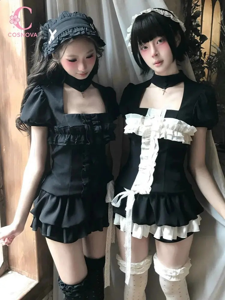 Gothic Subculture Black White 2 Piece Set Women Punk Ruffle Puff Sleeve Crop Tops Cake Skort Skirt Korean Casual Outfits 260625