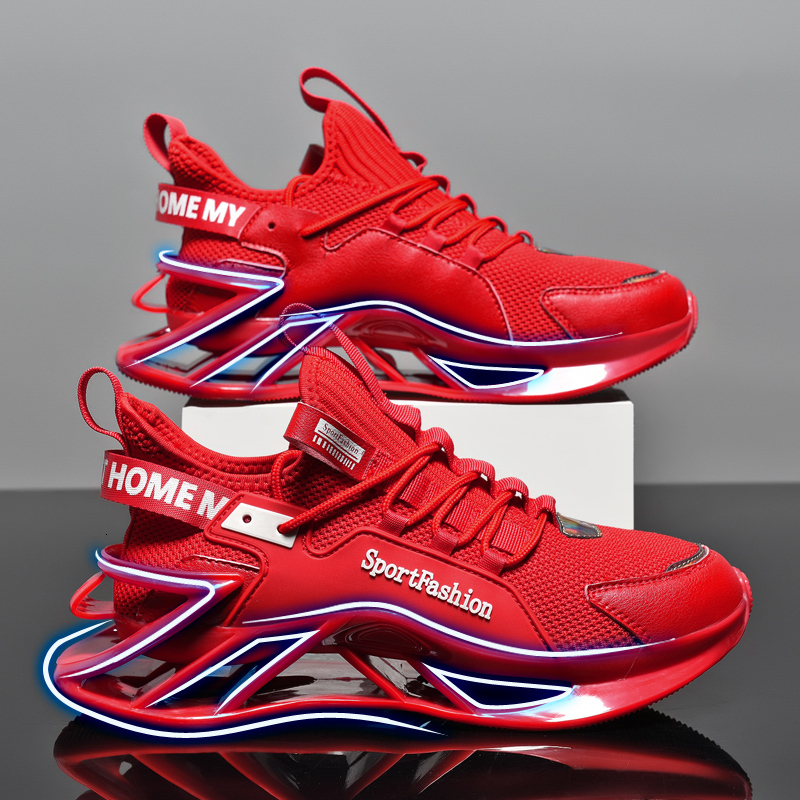 Men Bright Red Breathable Knit Mesh Blade Sneakers Hollow Mechanical Shock Absorbing Platform Sole Fashion Street Running Shoes Non Slip Athletic Wa