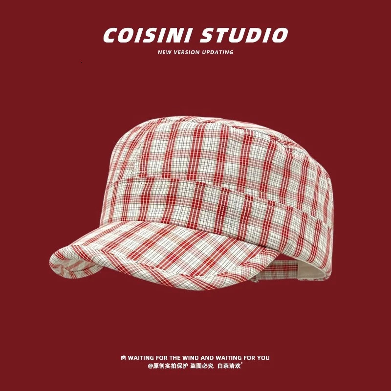 Japanese Vintage British Plaid Flat Top Painters Hat Womens Spring and Summer Fashion Versatile Sunshade sboy Caps 260624