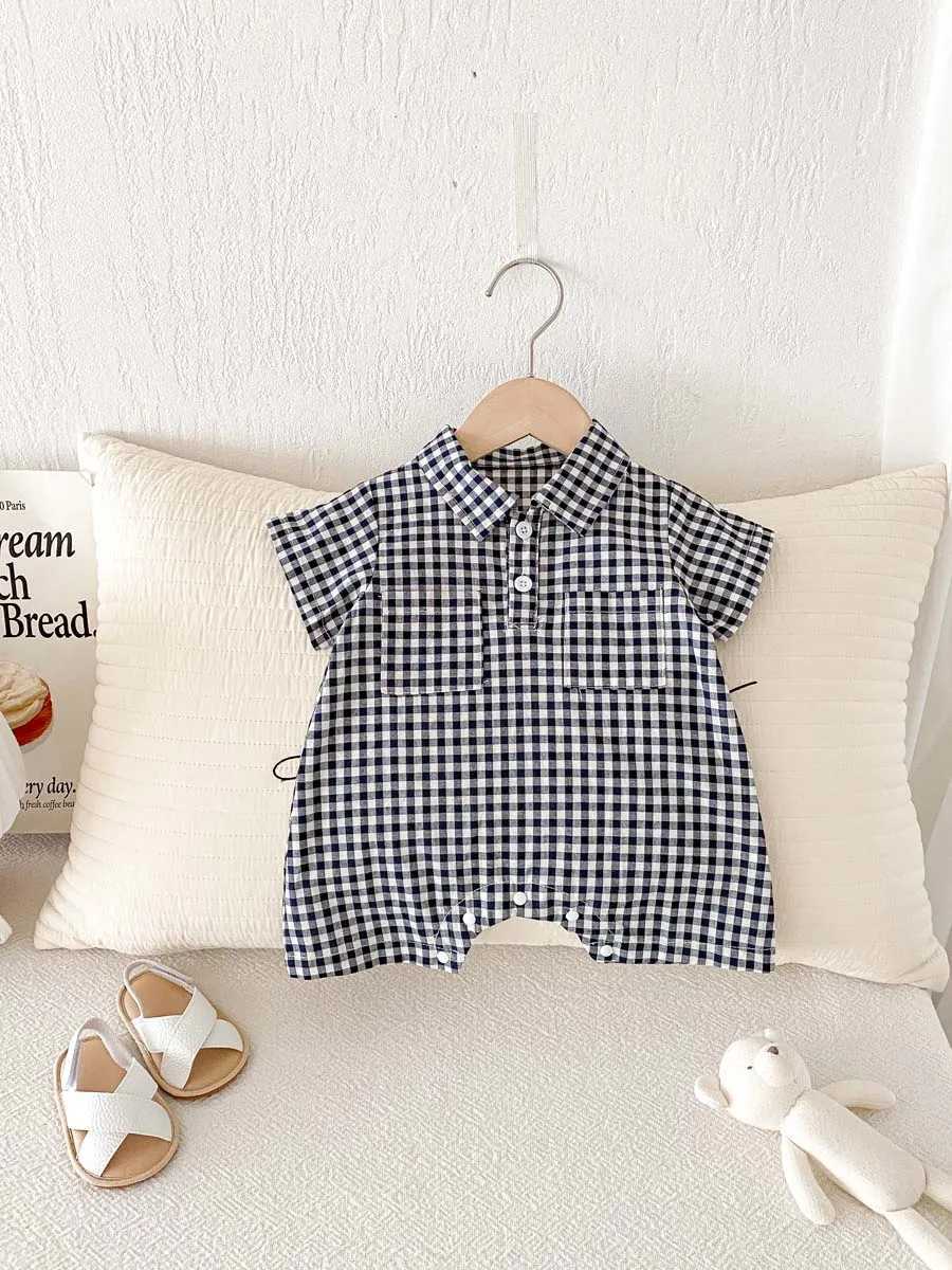 Korean version of baby boy summer plaid short-sleeved lapel jumpsuit baby boy summer simple fashion short-sleeved jumpsuit sui Y260625P79J