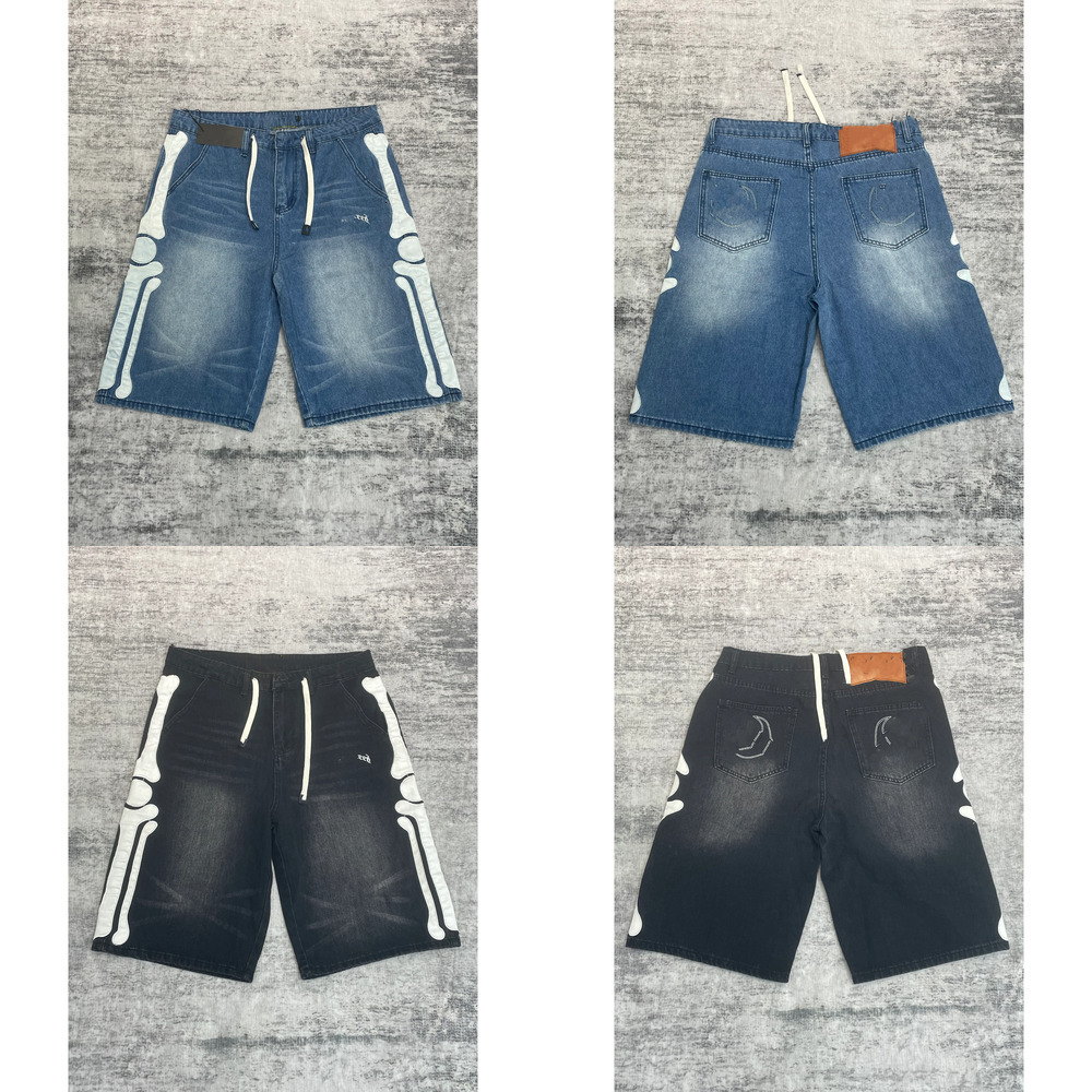 Godshorts mens Shorts Designer Y2K Bone Patch Denim Jorts Men Speed Hip Hop Loose Wide Leg summer casual Jeans Shorts Vintage Washed Bone Sticker Kn
