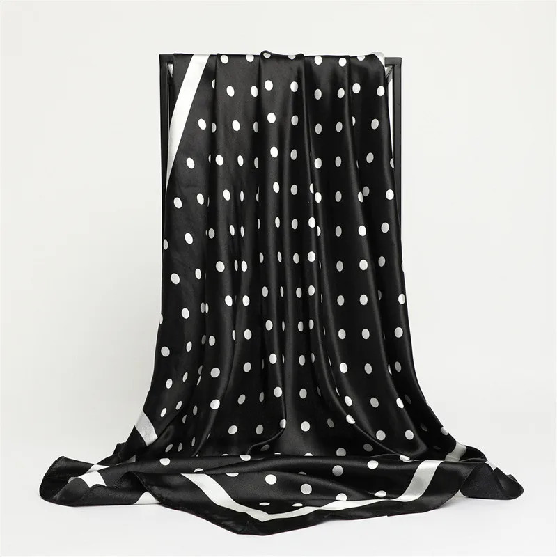 90cm Square Shawl Scarf Classic Polka Dot Print Soft Satin Silk Loose Wrap Hijab Daily Women All Season Neck Kerchief 260624