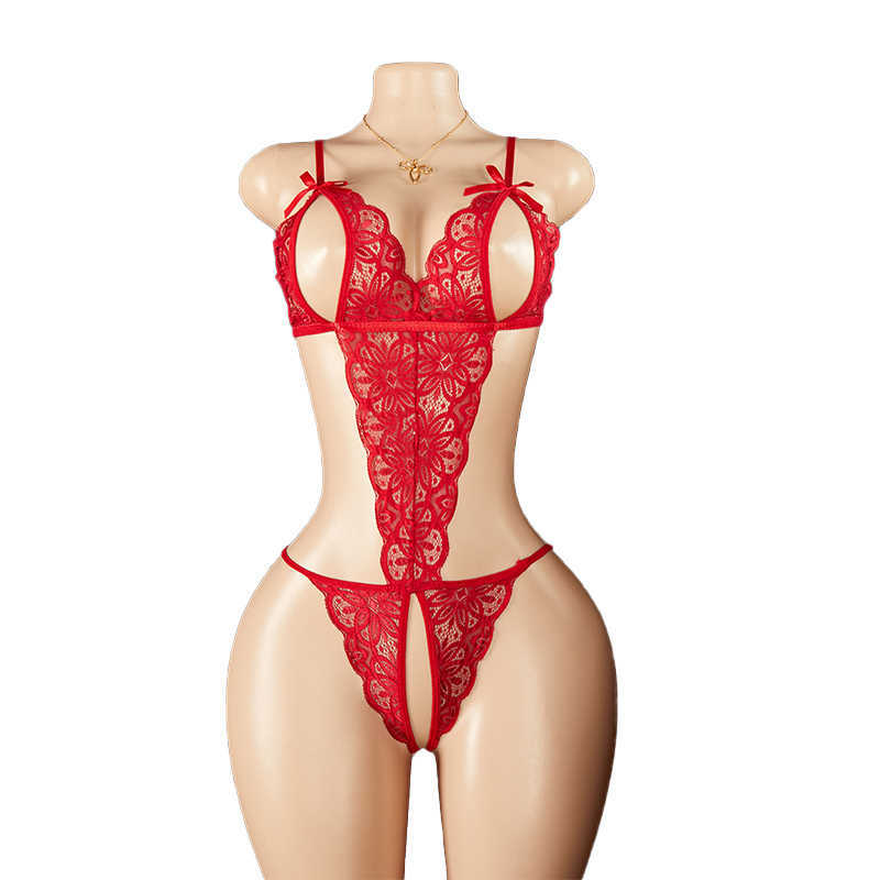 Hollow Red Out Bra Sexy Womens Underwear Perspective Deep V Porn Teddy Doll Bow Jumpsuit Exotic Crotchless Lace Erotic Costumes D260625