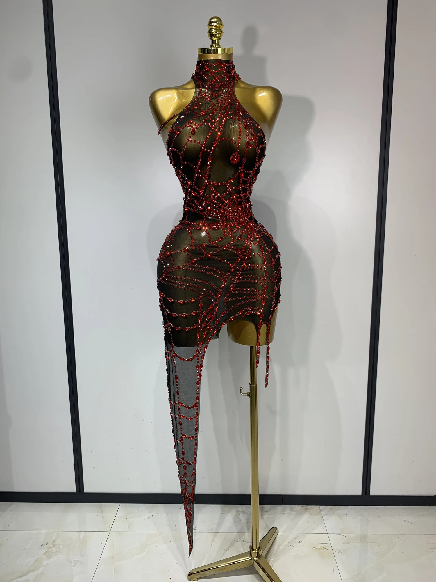 Women y Black Mesh See Through Crystal Diamond Bodycon Dress Sexy Evening Party Club Nightclub Singer Stage Costume 260625